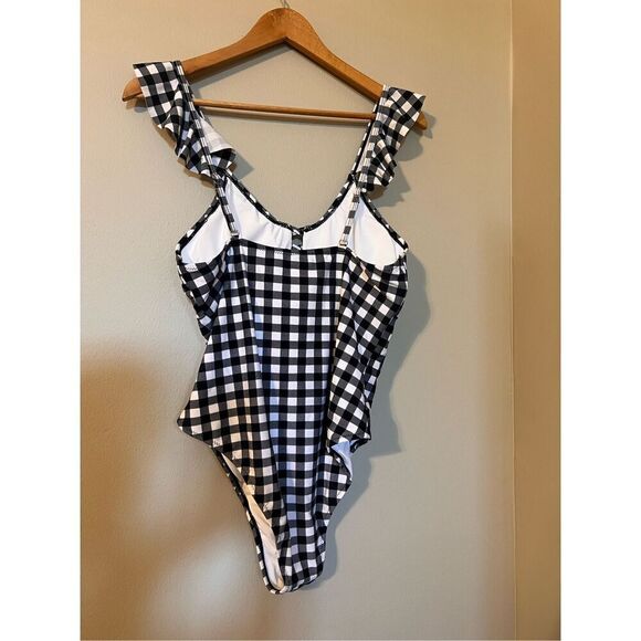 Cupshe Size XL Ruffle Strap One Piece Swimsuit Black Gingham Check Plaid Modest - Picture 9 of 15